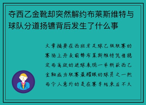 夺西乙金靴却突然解约布莱斯维特与球队分道扬镳背后发生了什么事